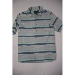Woolrich Mens Large Blue Teal Striped Short Sleeve Button Up Shirt Modern Fit